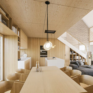 Interior of luxury wooden apartment with open roof stucture. Com